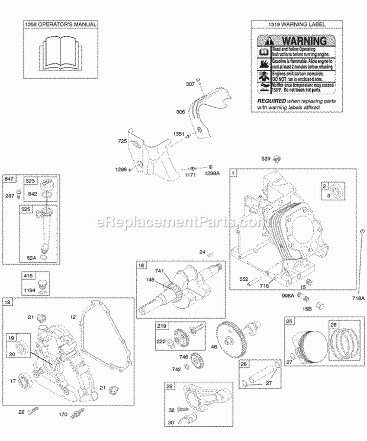 Camshaft Crankcase Cover Crankshaft Cylinder Lubrication OperatorS Manual PistonRingsConnecting Rod Warning Label Diagram and Parts List for 20E337-0110-E1  Briggs and Stratton Engine